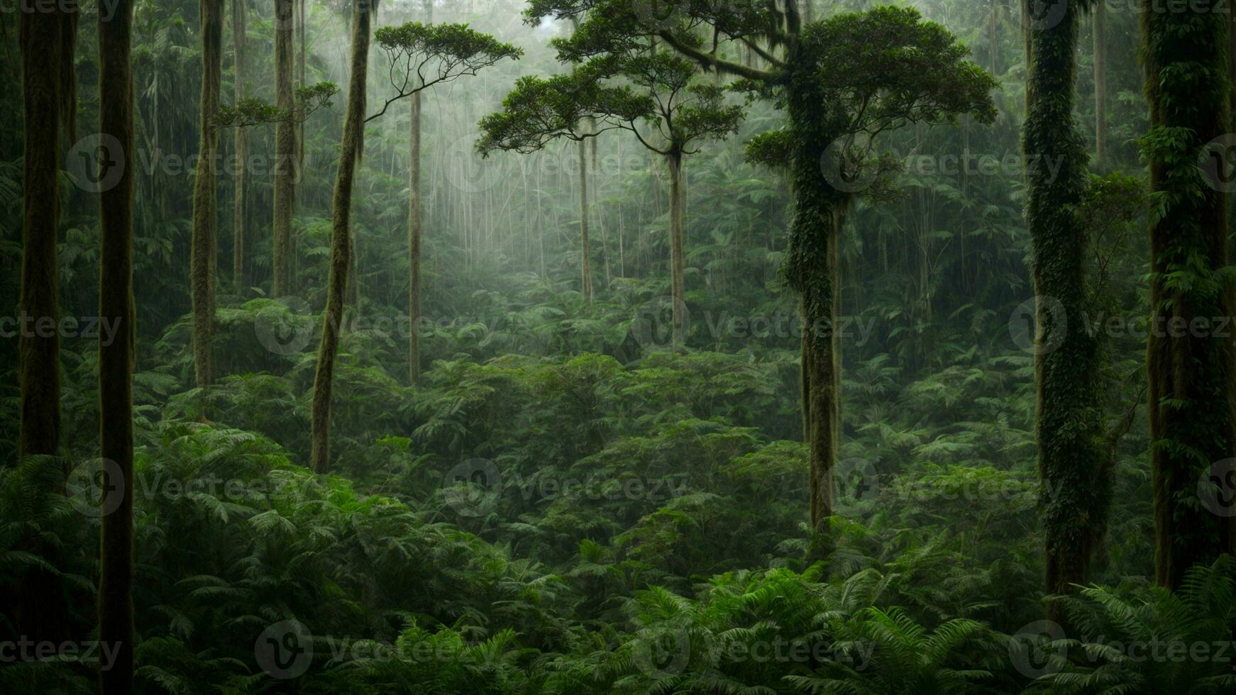 AI generated Explore the intricate ecosystem within a dense, untouched Amazon rainforest, focusing on the interactions between different species beneath the vibrant green canopy photo