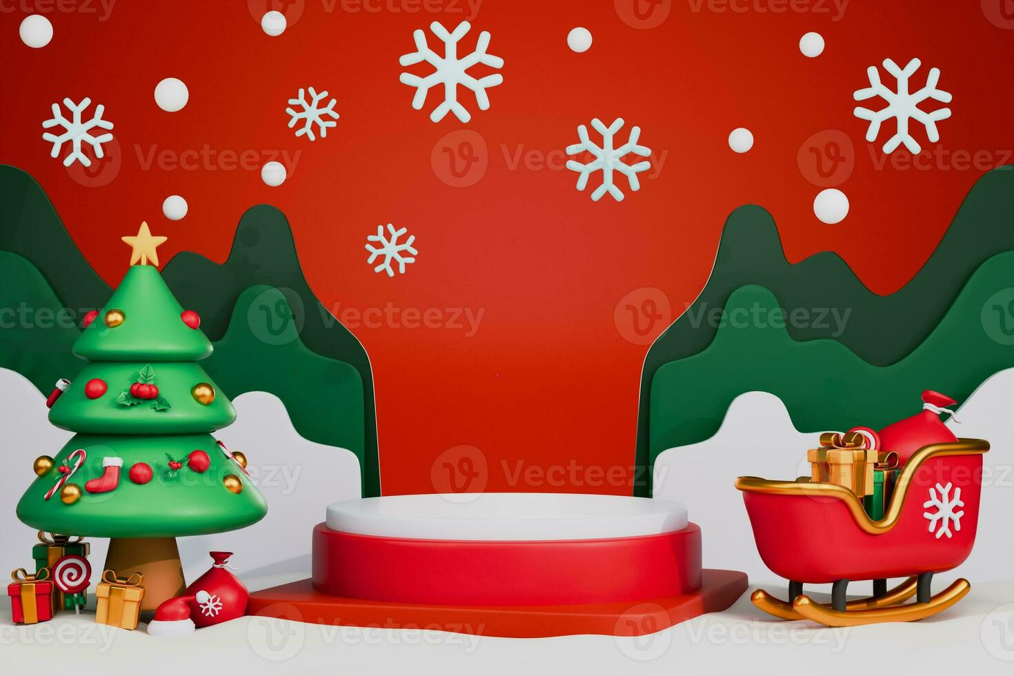 3d representación Bosquejo Navidad podio con Papa Noel claus trineo, festivo ilustración antecedentes foto