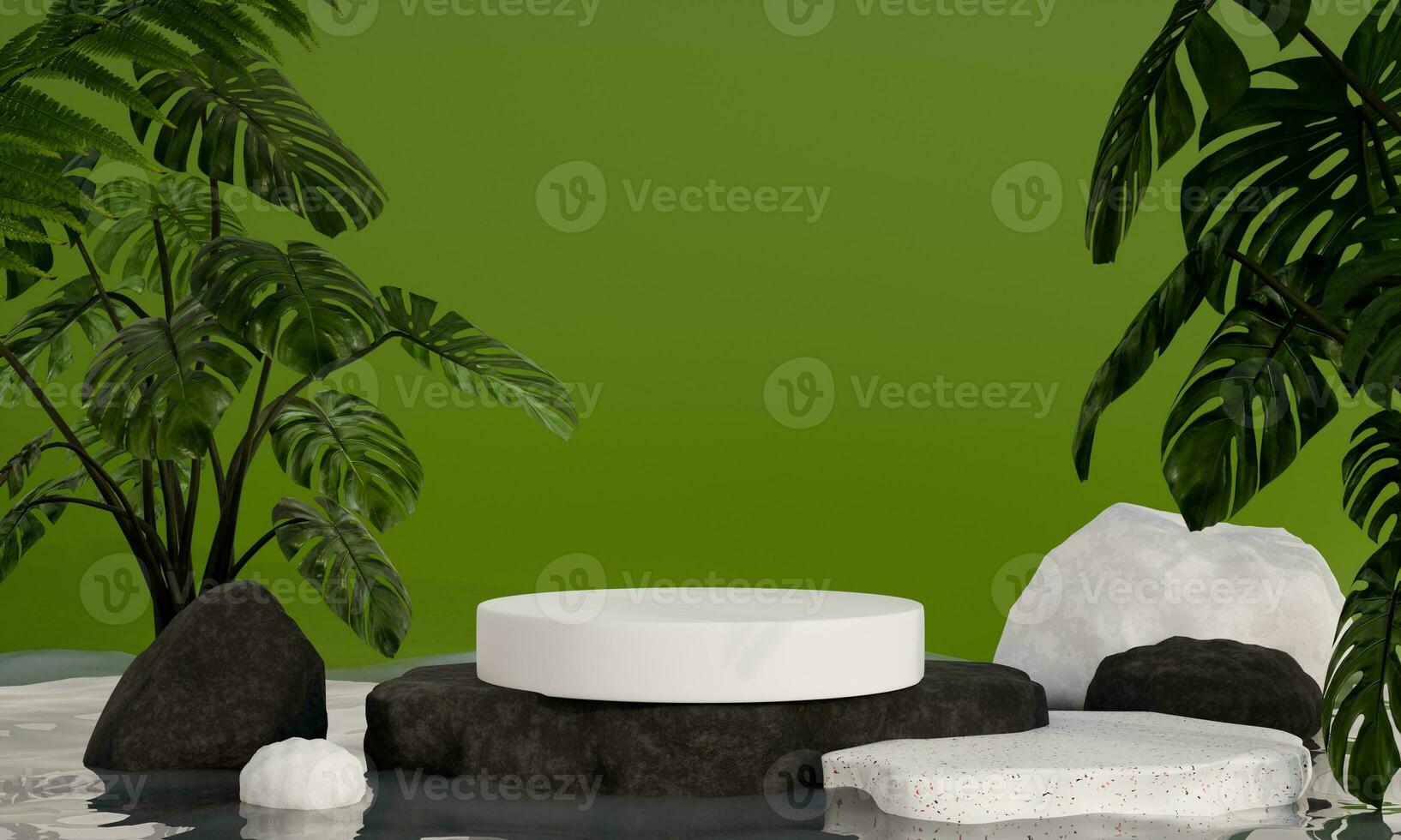 3d Render of Abstract Geometric Forms. Glossy White podiums with Tropical Leaves on Green Background. Luxury Pedestal for Product Presentation. photo