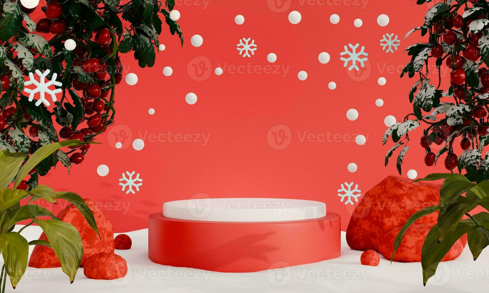3d Rendering of Red Podium with Christmas Decorations and Snowflakes Red Backgrounds Illustration photo