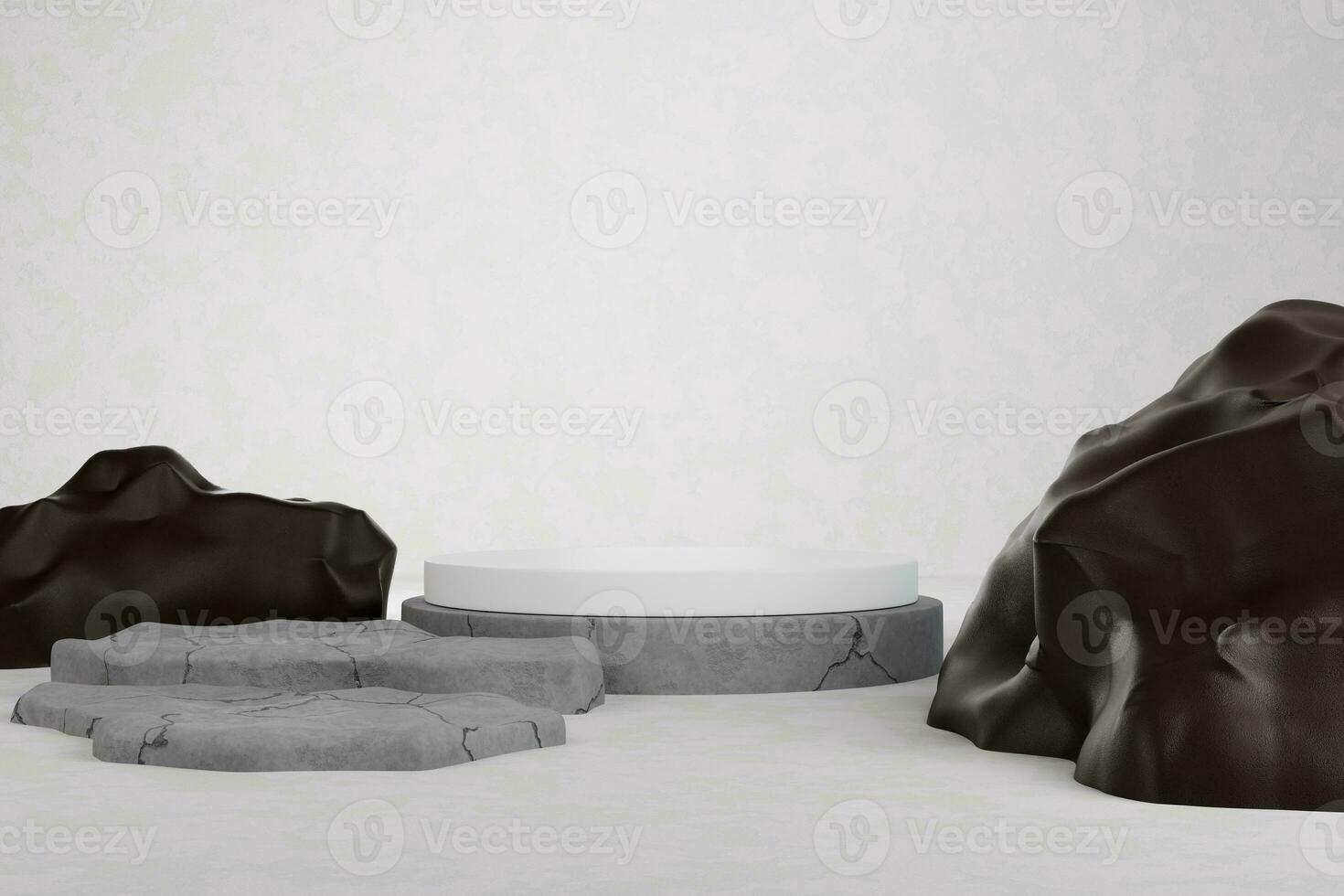 3d Render of Black Marble Podium On White Background. Concrete Floor Platform For Product Presentation. photo