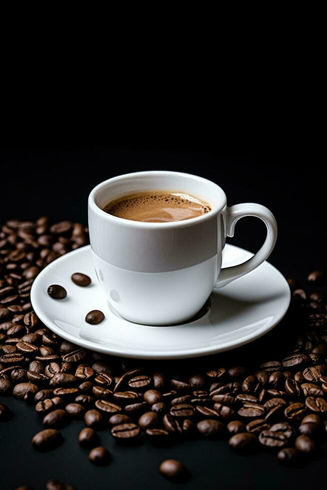 AI generated a white coffee mug on a white saucer and coffee beans on a black background photo