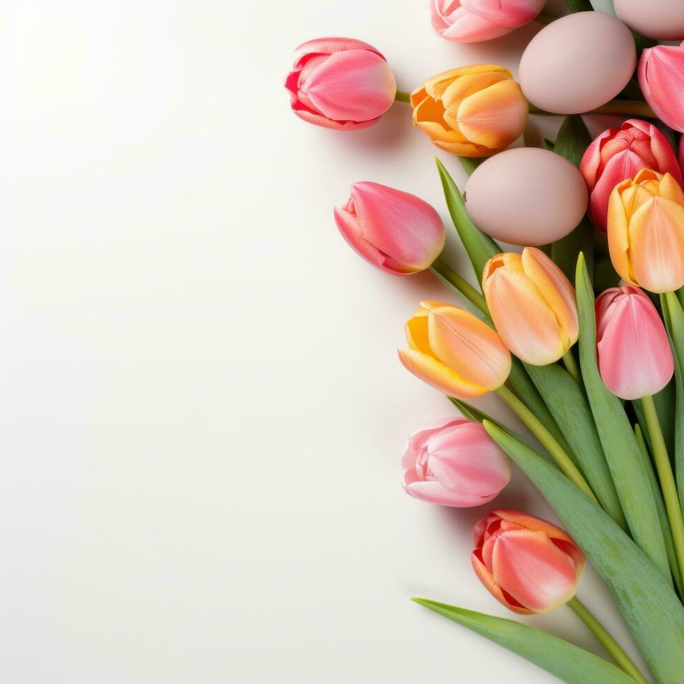 AI generated A simple yet elegant arrangement of Easter eggs and tulips on a white background with copy space photo