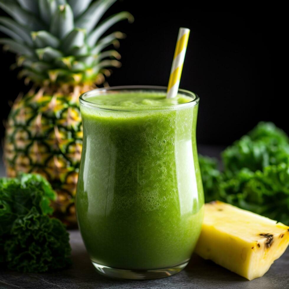 AI generated A close-up of a green smoothie in a clear glass with a straw photo