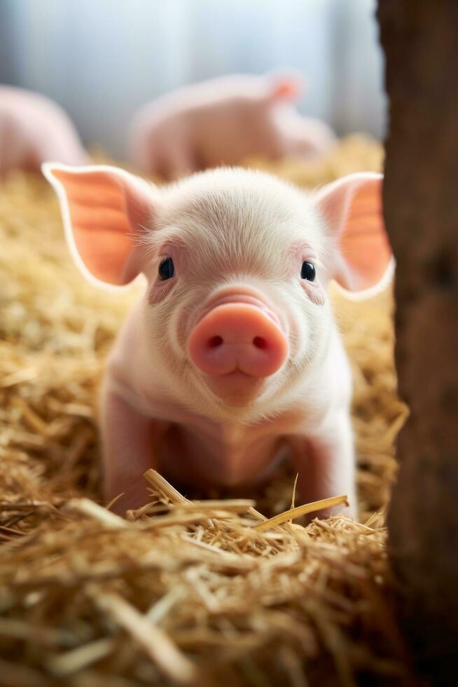 ai generado un rosado cerdito con un arrugado hocico y expresivo ojos, mirando juguetón y curioso foto