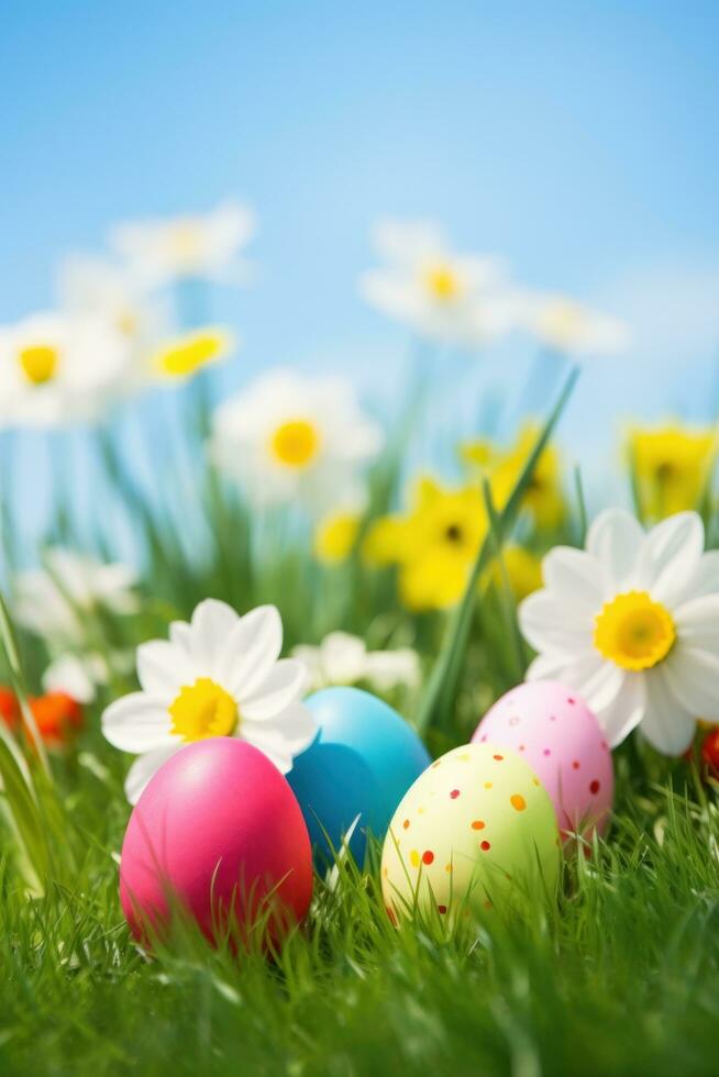 ai generado primavera flores y Pascua de Resurrección huevos en un verde césped campo con Copiar espacio foto