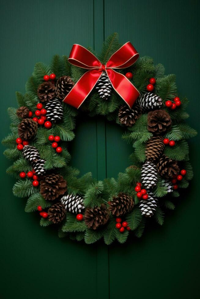 AI generated traditional holiday wreath decorated with red berries and pinecones photo