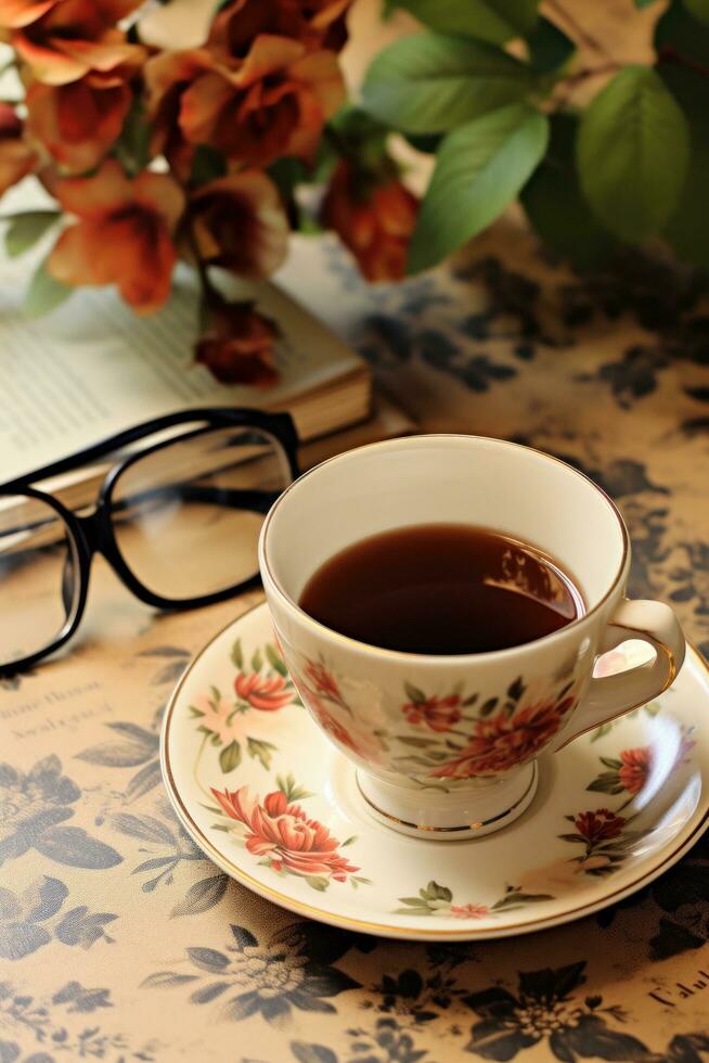 AI generated A vintage-style photo of a coffee cup on a saucer with a newspaper and pair of glasses