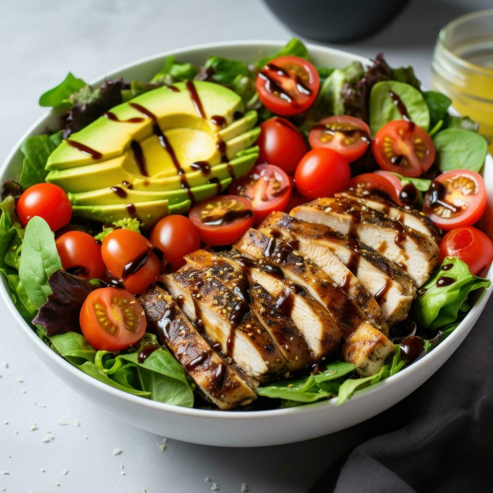 ai generado un ensalada cuenco lleno con un mezcla de verduras, rebanado aguacate foto