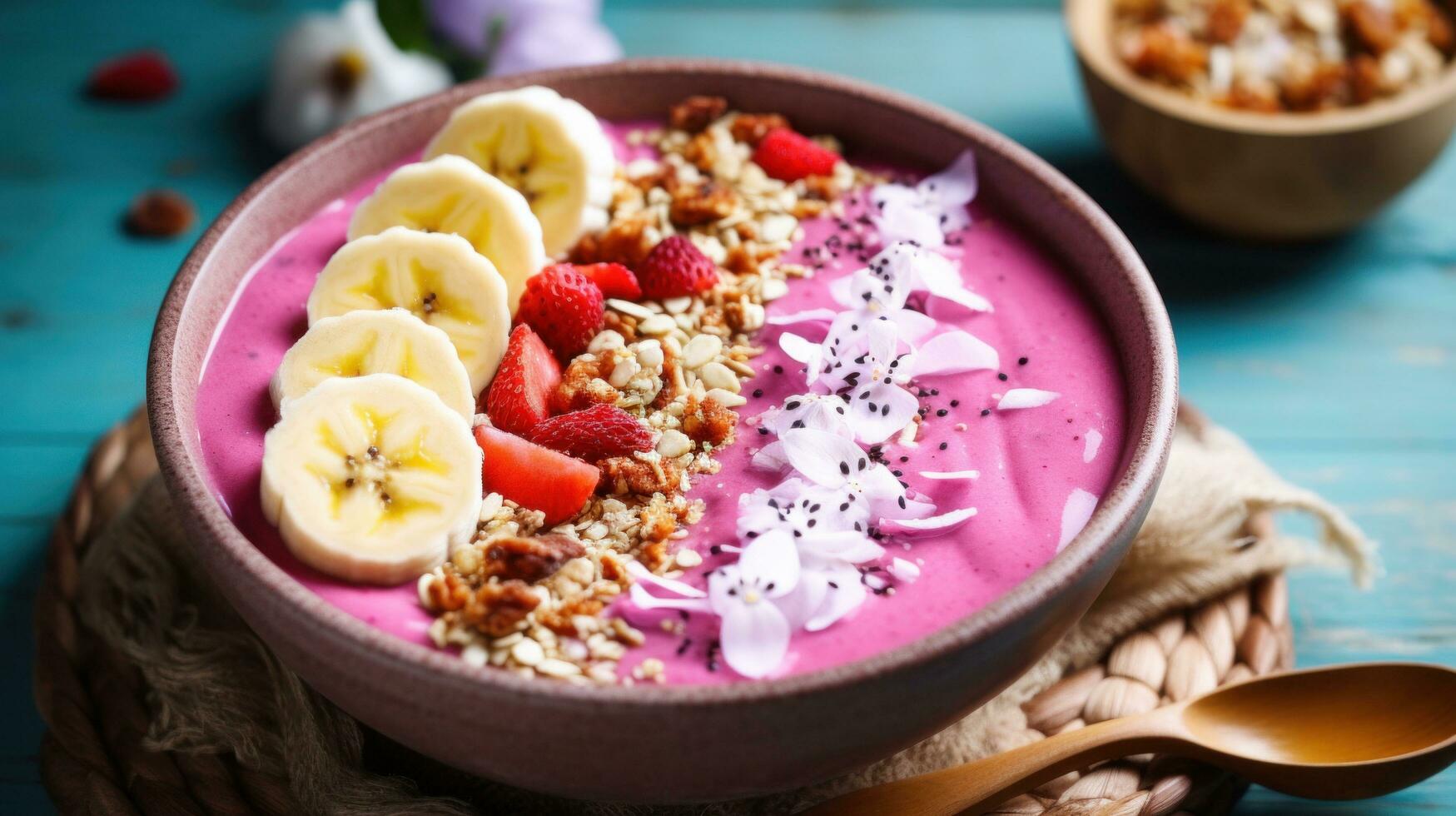 AI generated A smoothie bowl with a vibrant pink base made of blended dragon fruit photo
