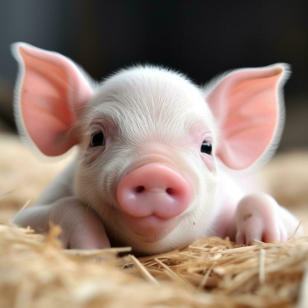 AI generated a pink piglet with a wrinkled snout and expressive eyes, looking playful and curious photo