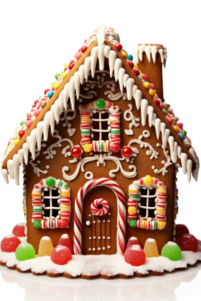 AI generated A whimsical gingerbread house surrounded by snow and candy canes photo