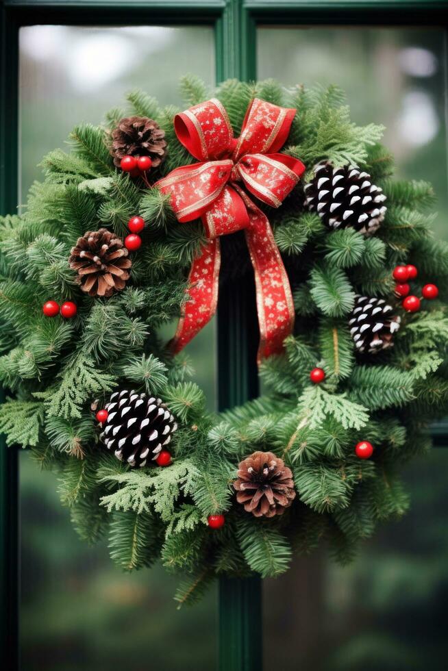 AI generated traditional holiday wreath decorated with red berries and pinecones photo