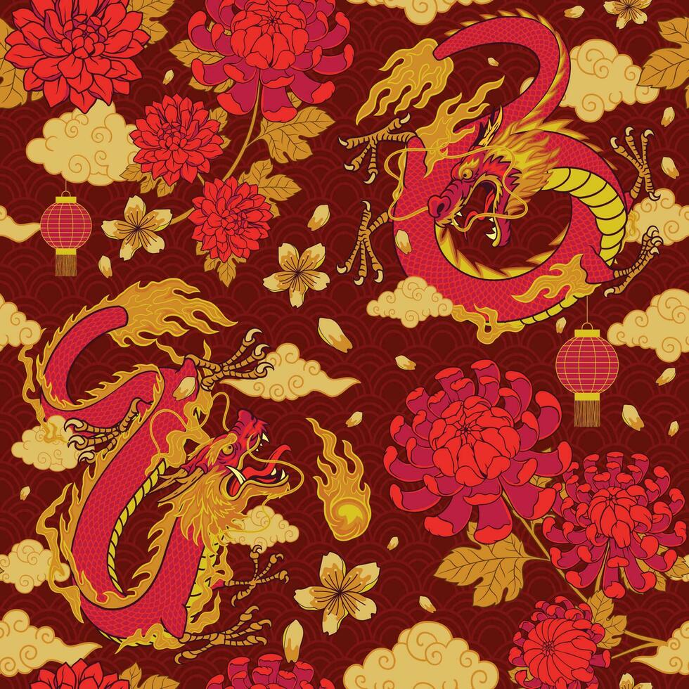 Asian Red Dragon Fighting Seamless Pattern vector