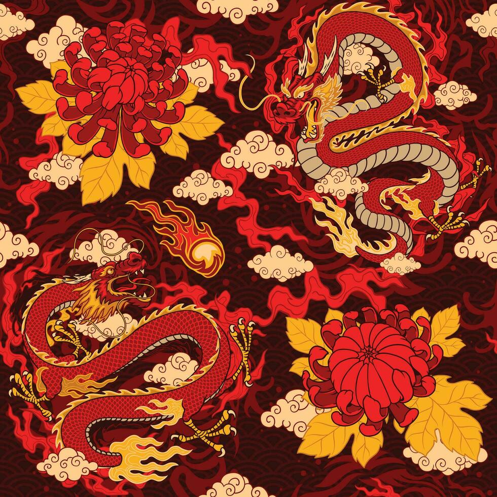 Seamless Pattern of Asian Traditional Dragon Fighting vector
