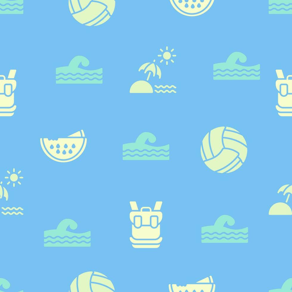 Vector pattern with summer or travel icons flat and solid color styles. summer Icons Seamless on color background. Editable pattern in swatches.