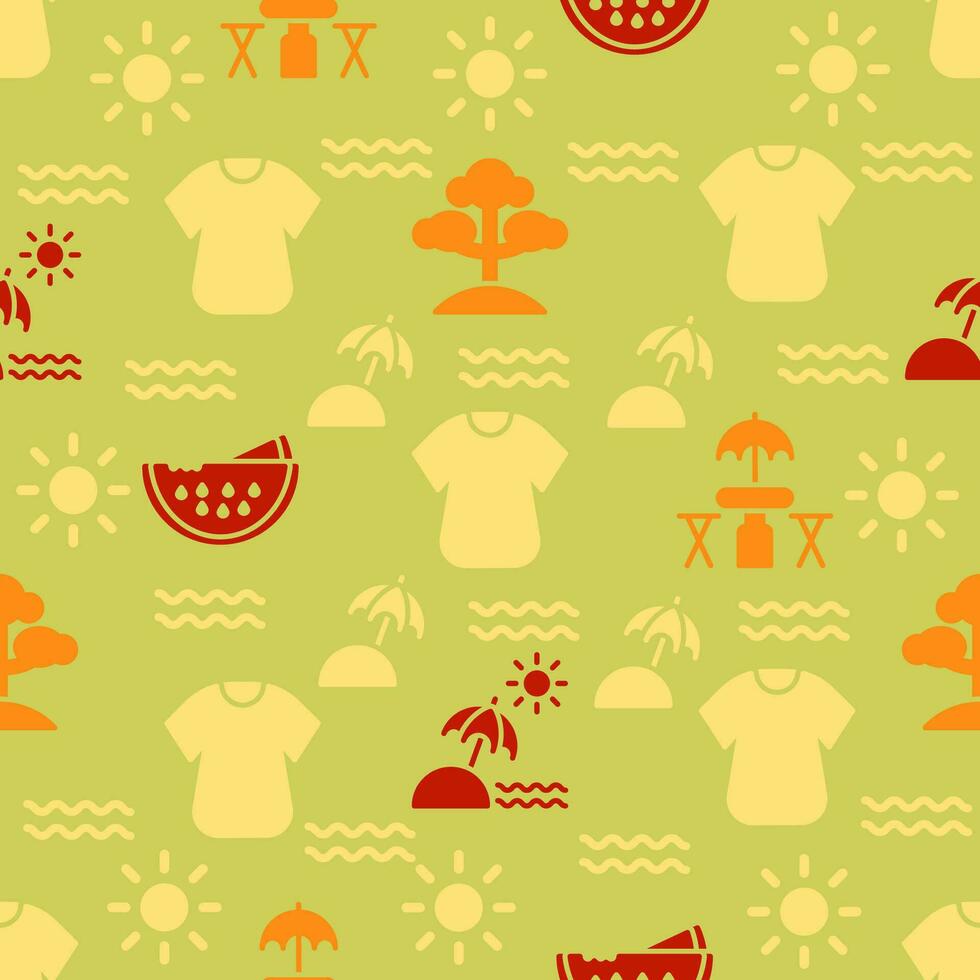 Vector pattern with summer or travel icons flat and solid color styles. summer Icons Seamless on color background. Editable pattern in swatches.