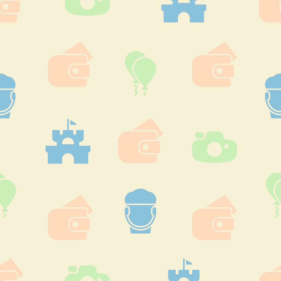 Vector pattern with summer or travel icons flat and solid color styles. summer Icons Seamless on color background. Editable pattern in swatches.