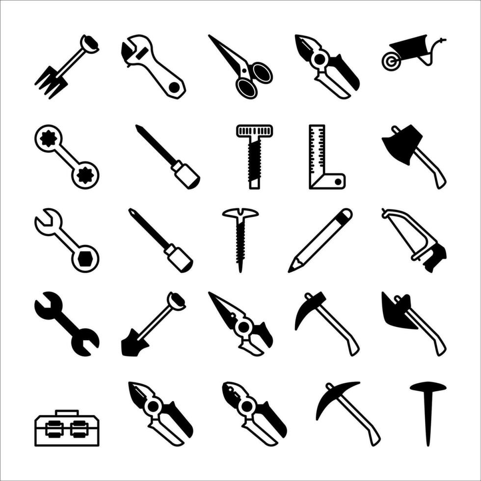 Construction tool icon set. filled icon style collection. Containing axe, drill and hammer icons. vector