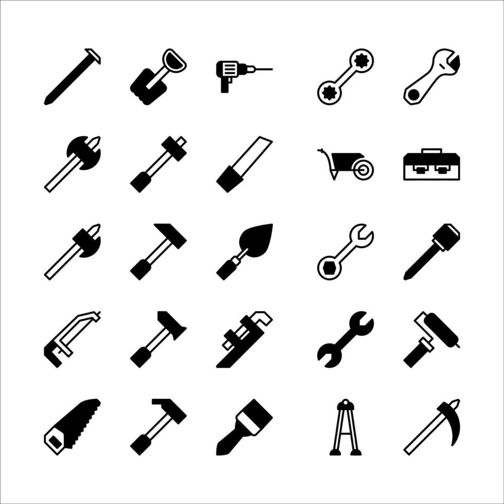 Construction tool icon set. filled black icon style collection. Containing axe, drill and hammer icons. vector