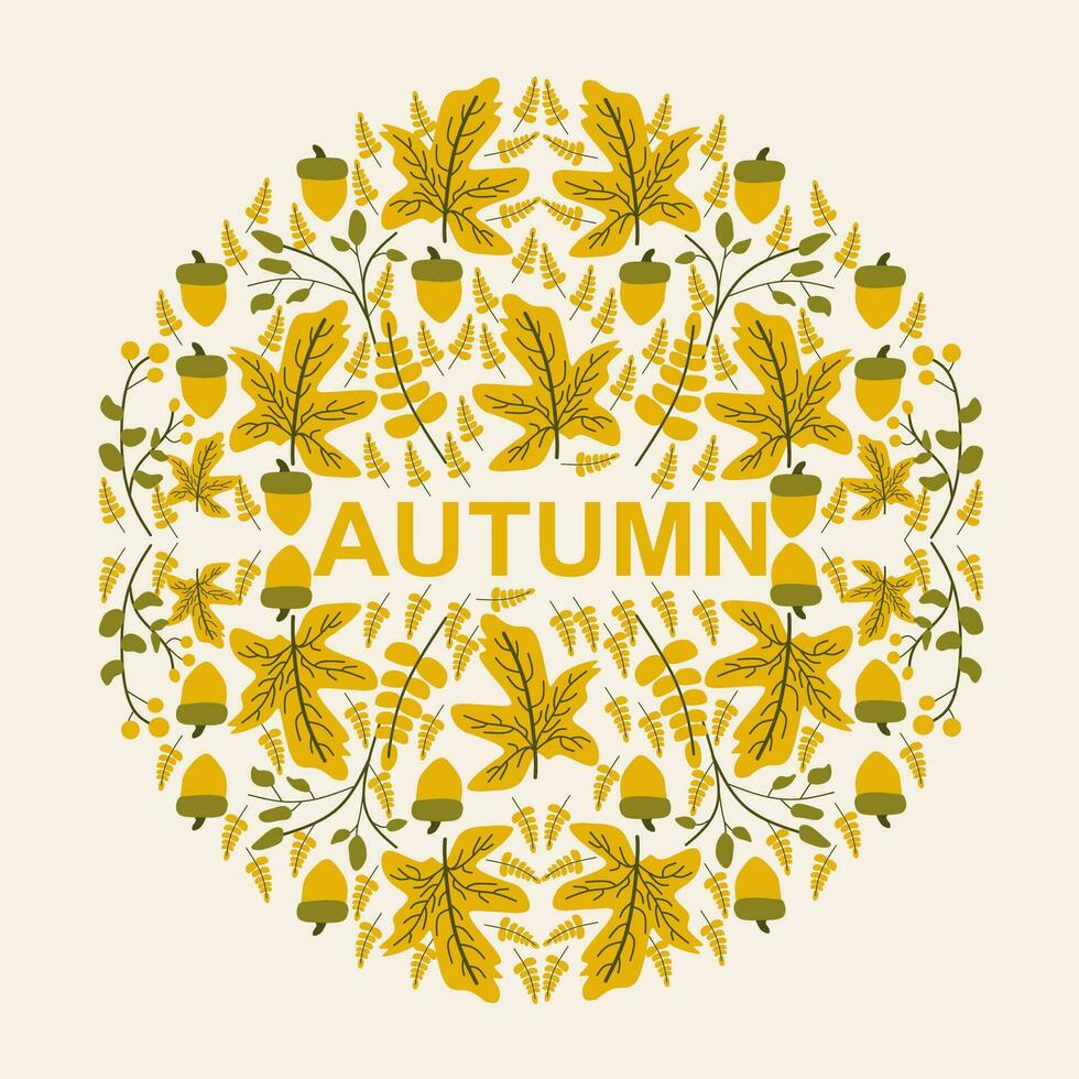 Greeting card with autumn elements made in circle and background color. vector