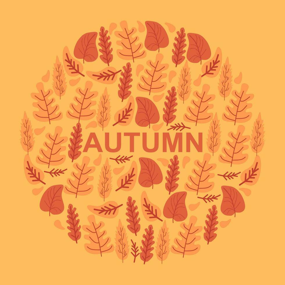 Greeting card with autumn elements made in circle and background color. vector