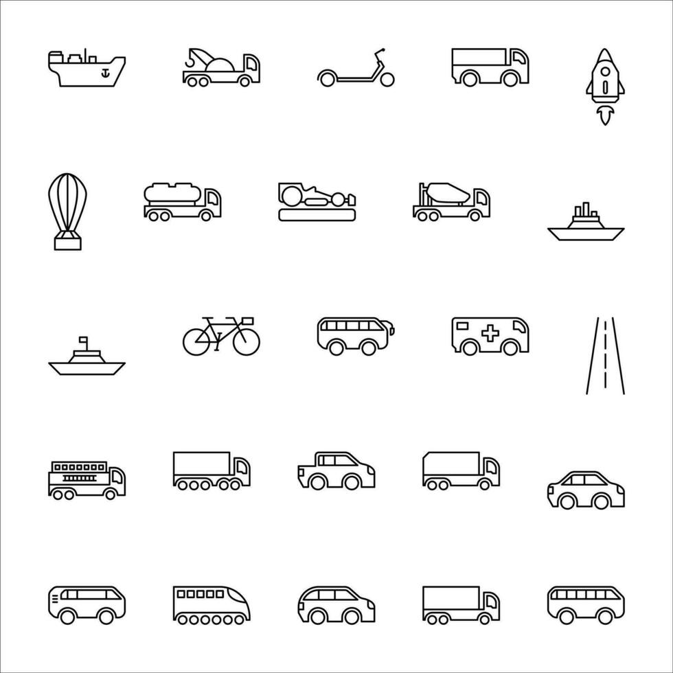 Transportation icon set. line icon collection. Containing truck, bike, car and helicopter icons. vector