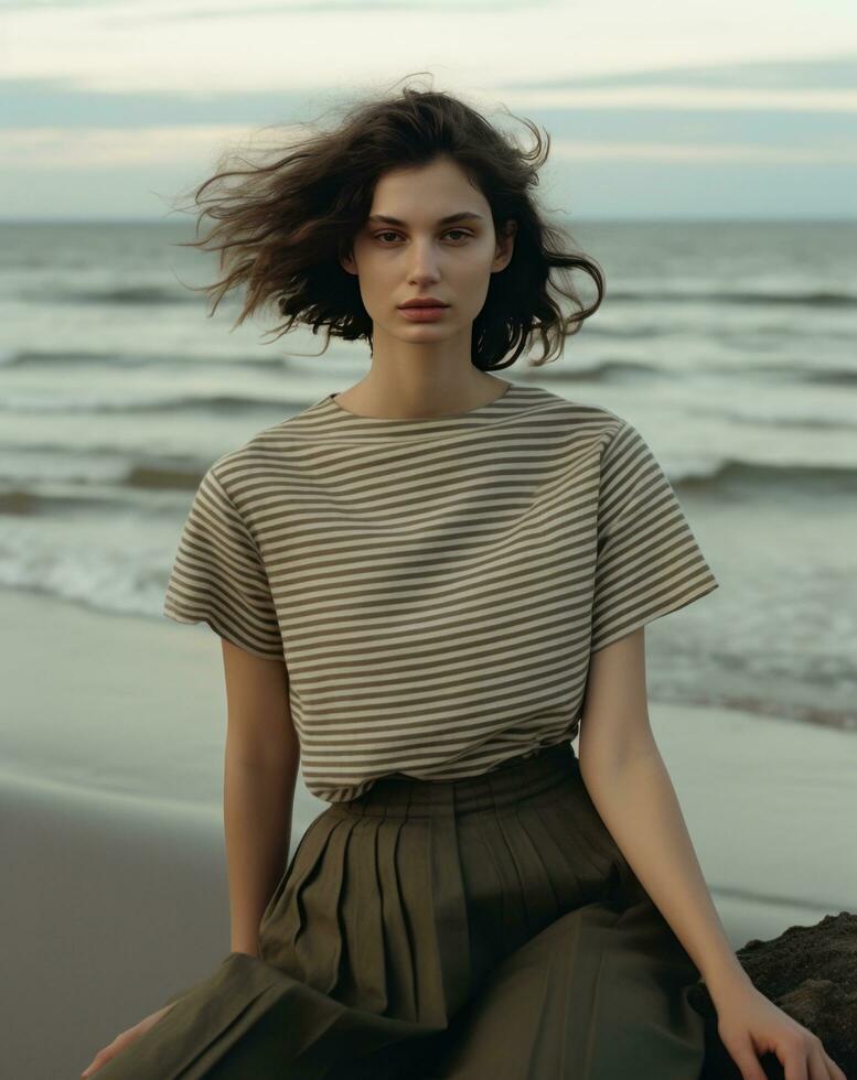 AI generated a woman standing on a beach in a striped shirt, photo