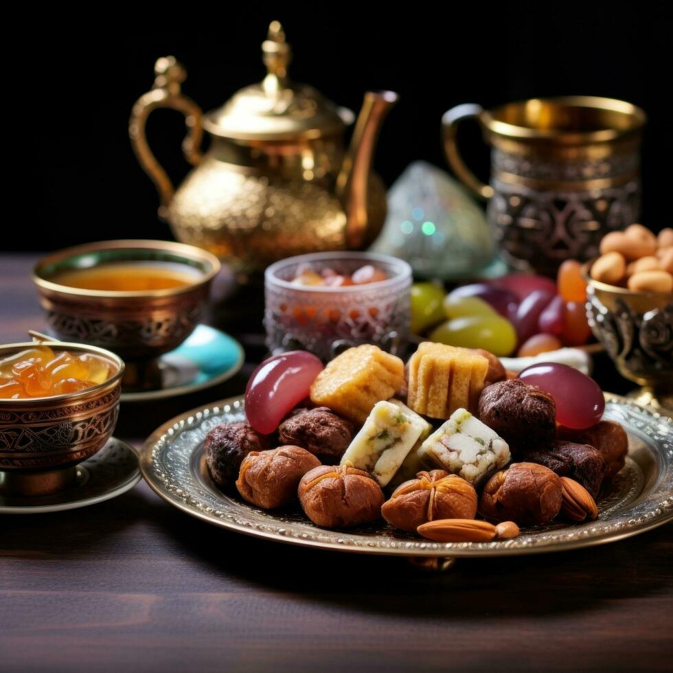 ai generado tradicional Ramadán dulces y té en un de madera mesa, representando el alegría de rotura el rápido durante Ramadán foto