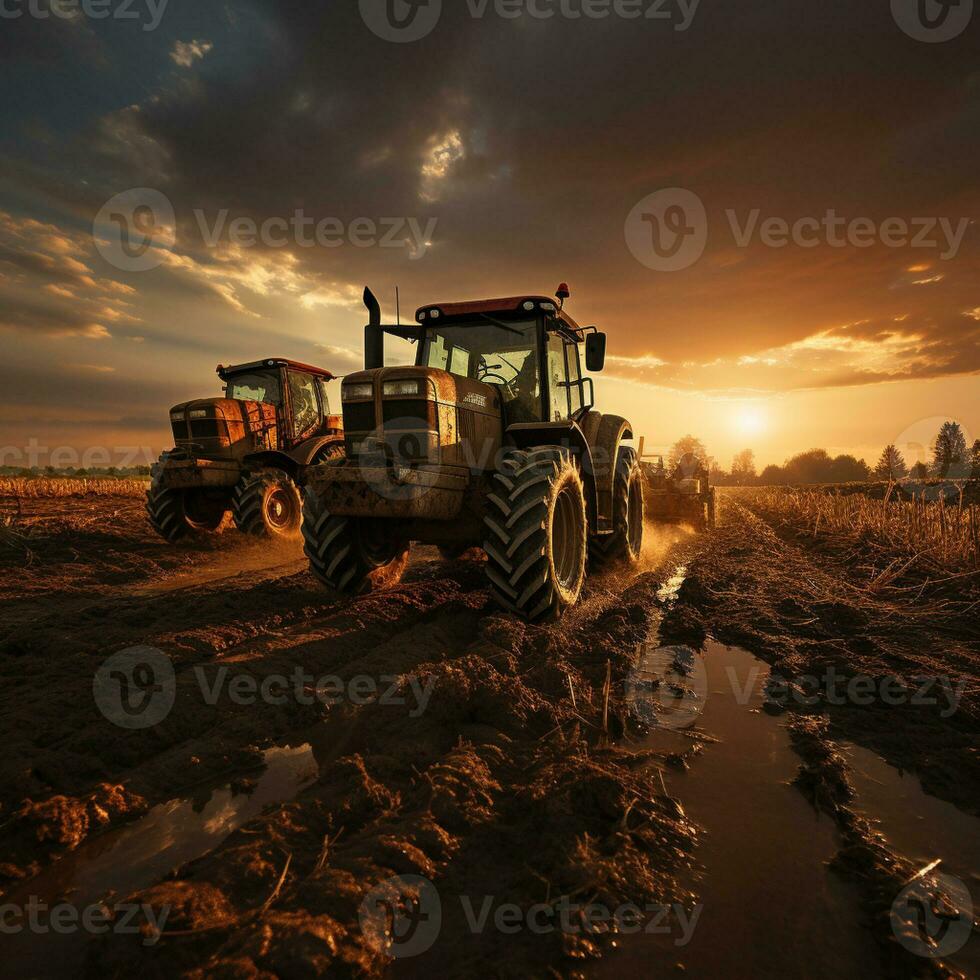 ai generado agrícola trabajadores con tractores arada un campo con tractor a puesta de sol ai generado foto