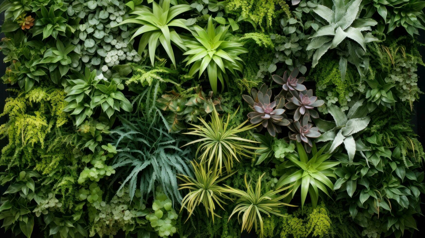 AI generated plant-covered wall, with various plant species arranged in a beautiful pattern. photo