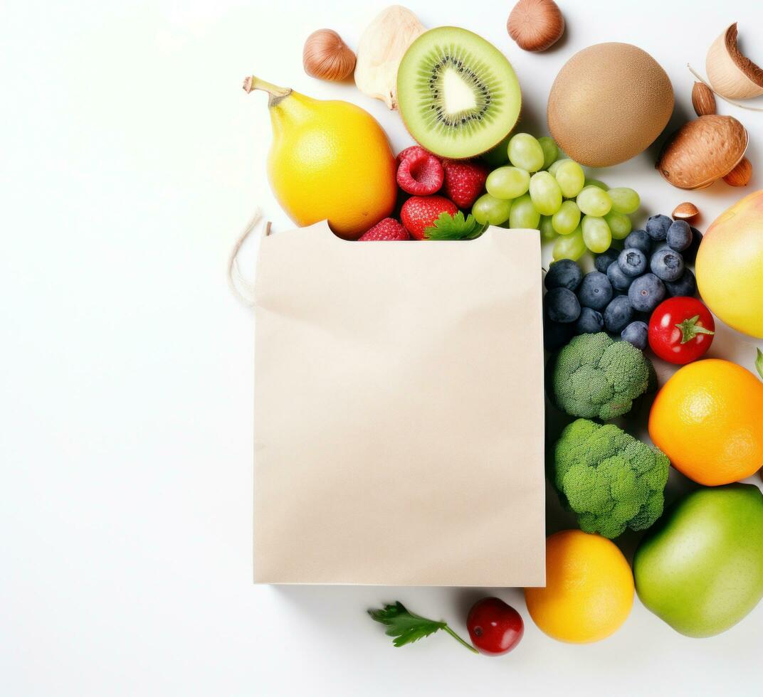 AI generated a paper bag containing fruit and vegetables photo