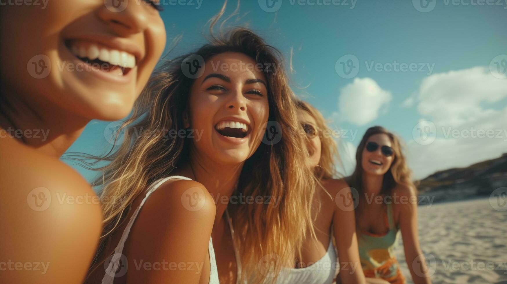 AI generated three women laughing on the beach photo