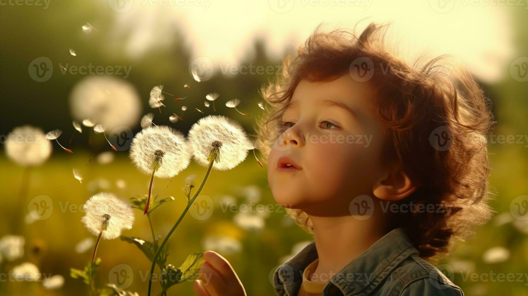AI generated a young boy blowing on a dandelion photo