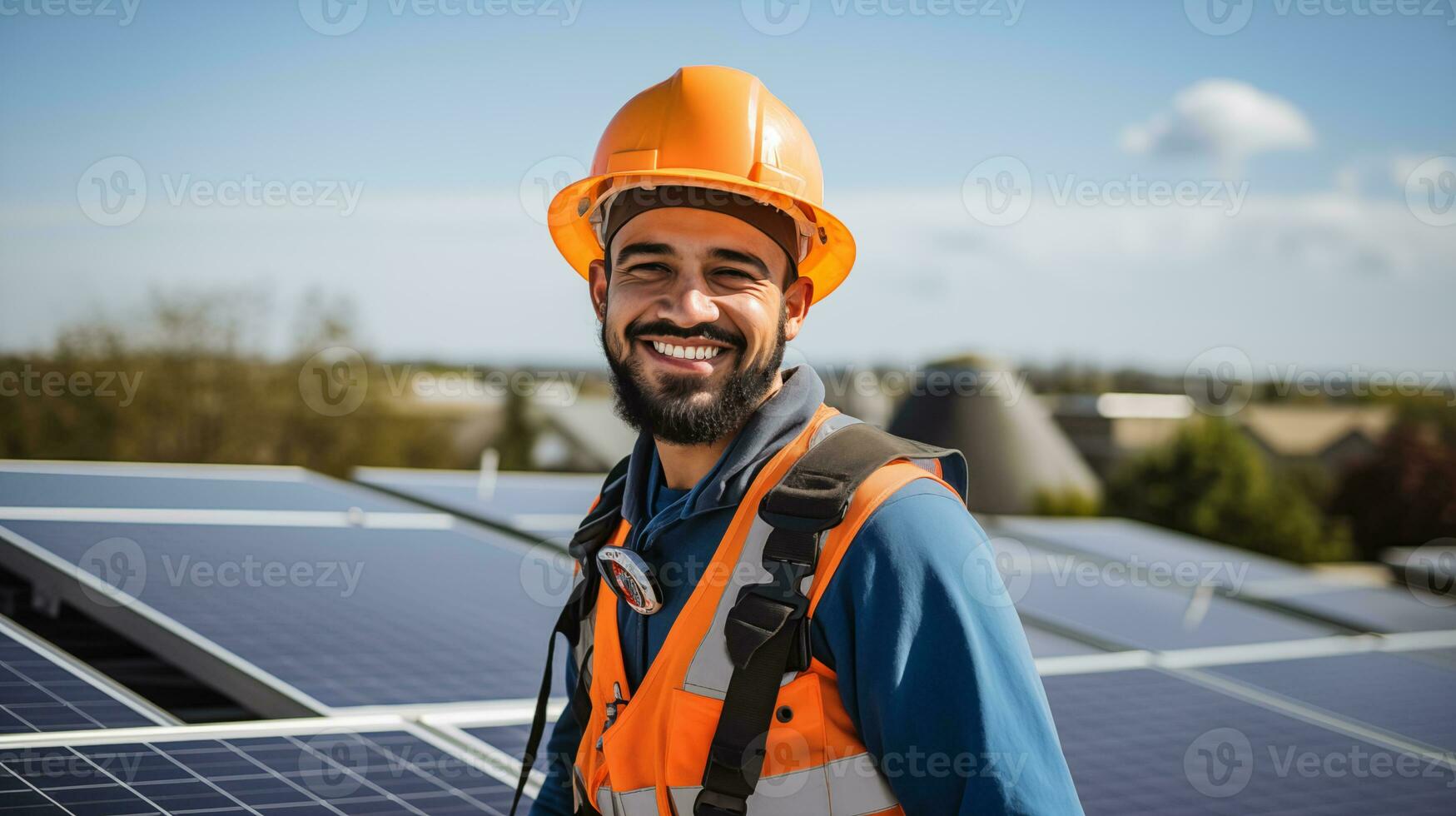 AI generated a smiling man in an orange vest and hard hat standing in front of solar panels photo