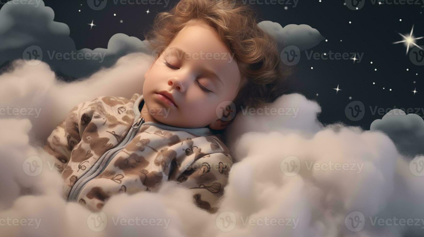 ai generado un bebé dormido en un nube con estrellas foto