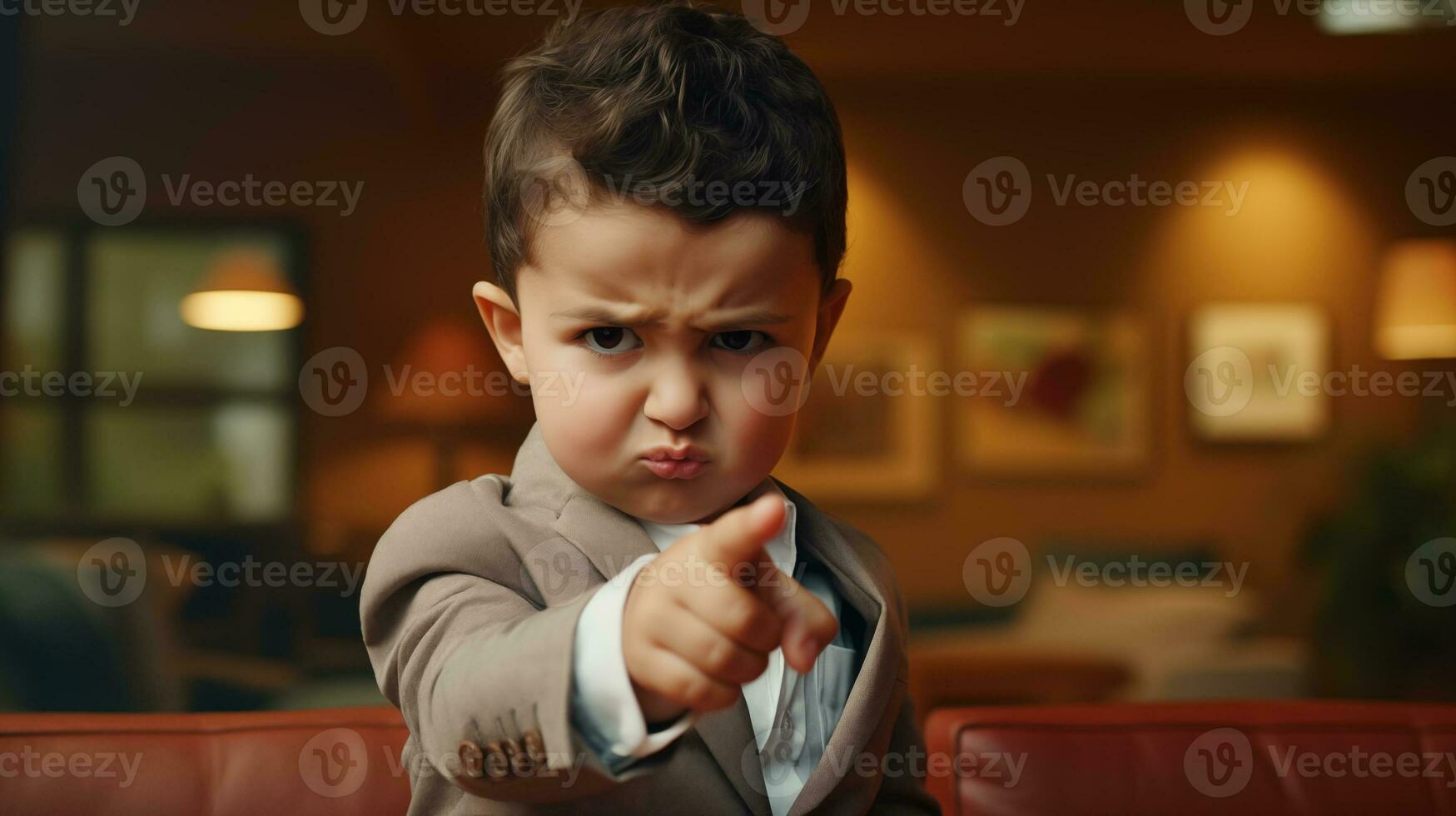 AI generated a young boy in a suit pointing at something photo