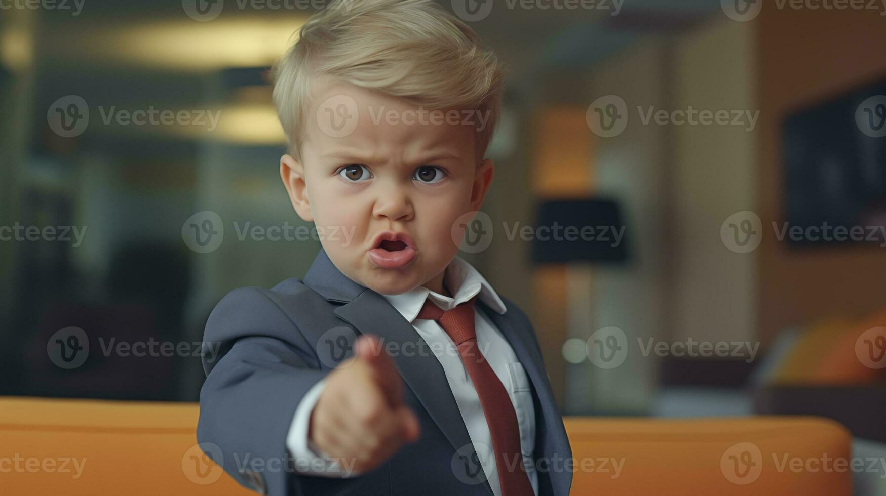 AI generated a young boy in a suit pointing at something photo