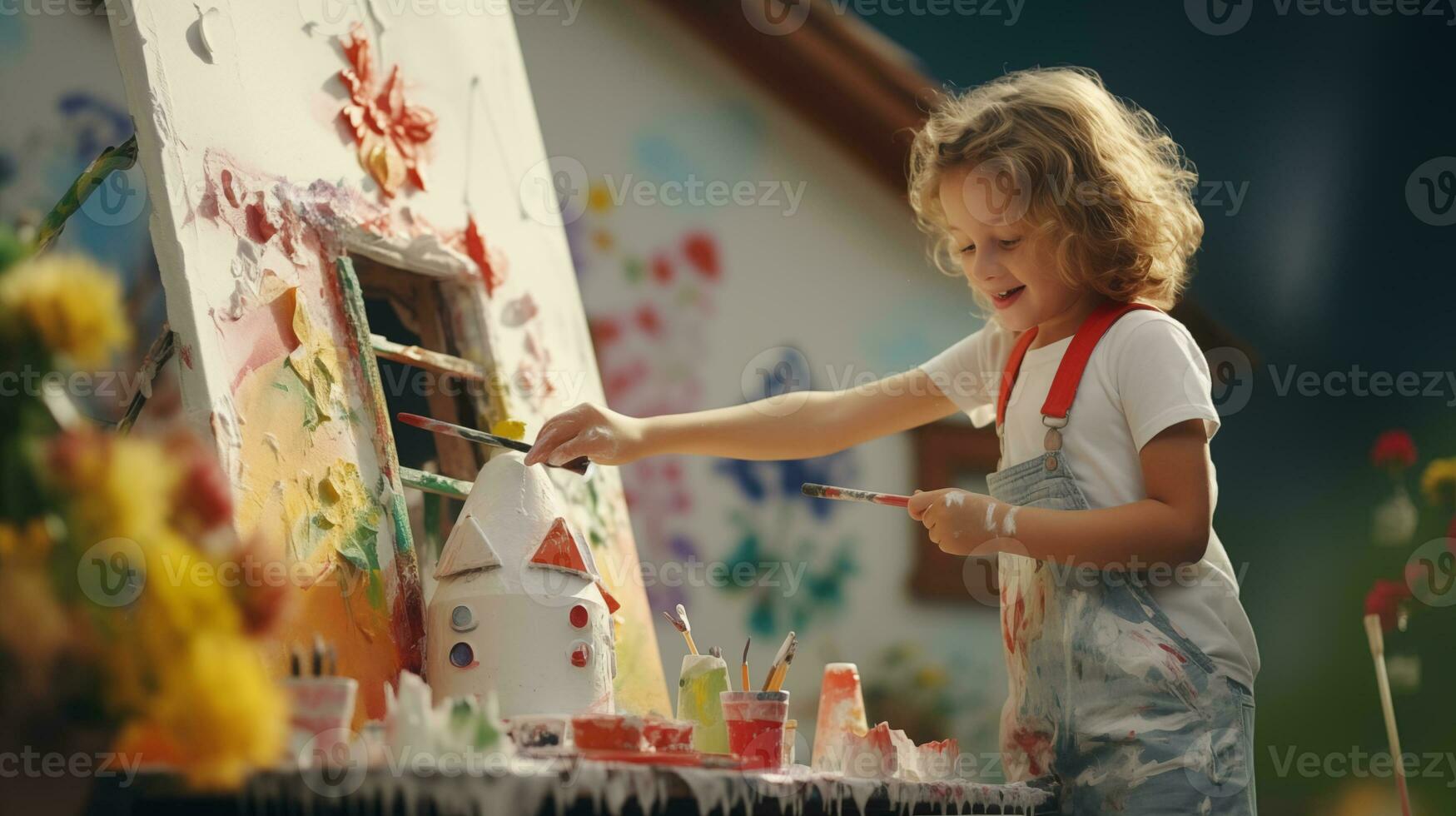 AI generated a little girl is painting on a easel photo
