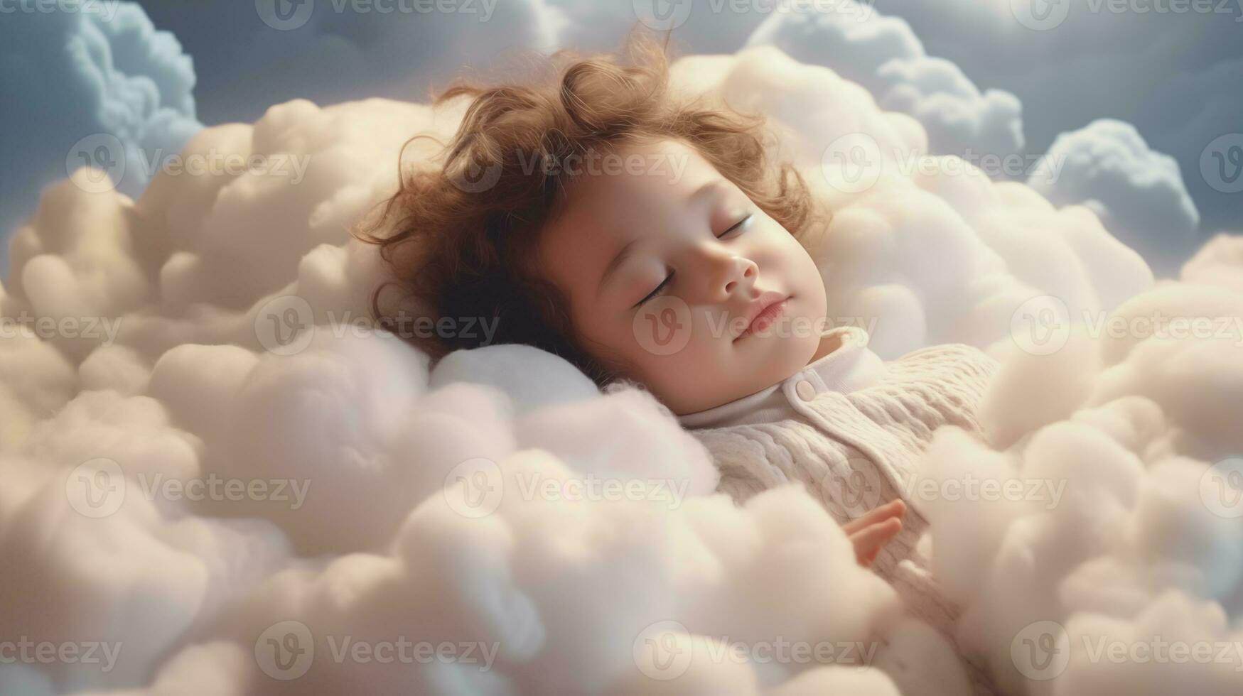 ai generado un pequeño niña dormido en un nube foto