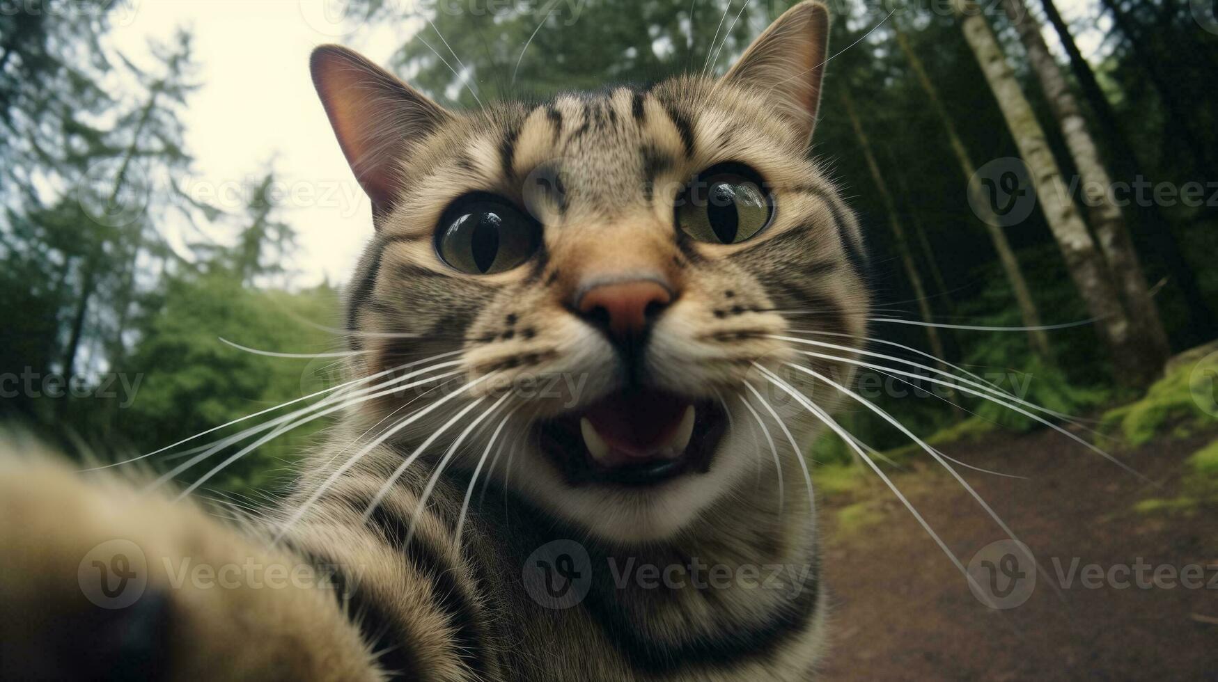 ai generado un gato tomando un selfie con sus boca abierto foto