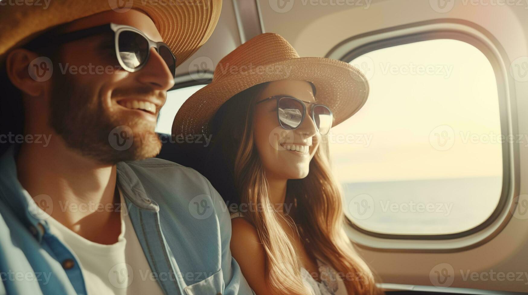 AI generated a couple wearing hats and sunglasses on a plane photo