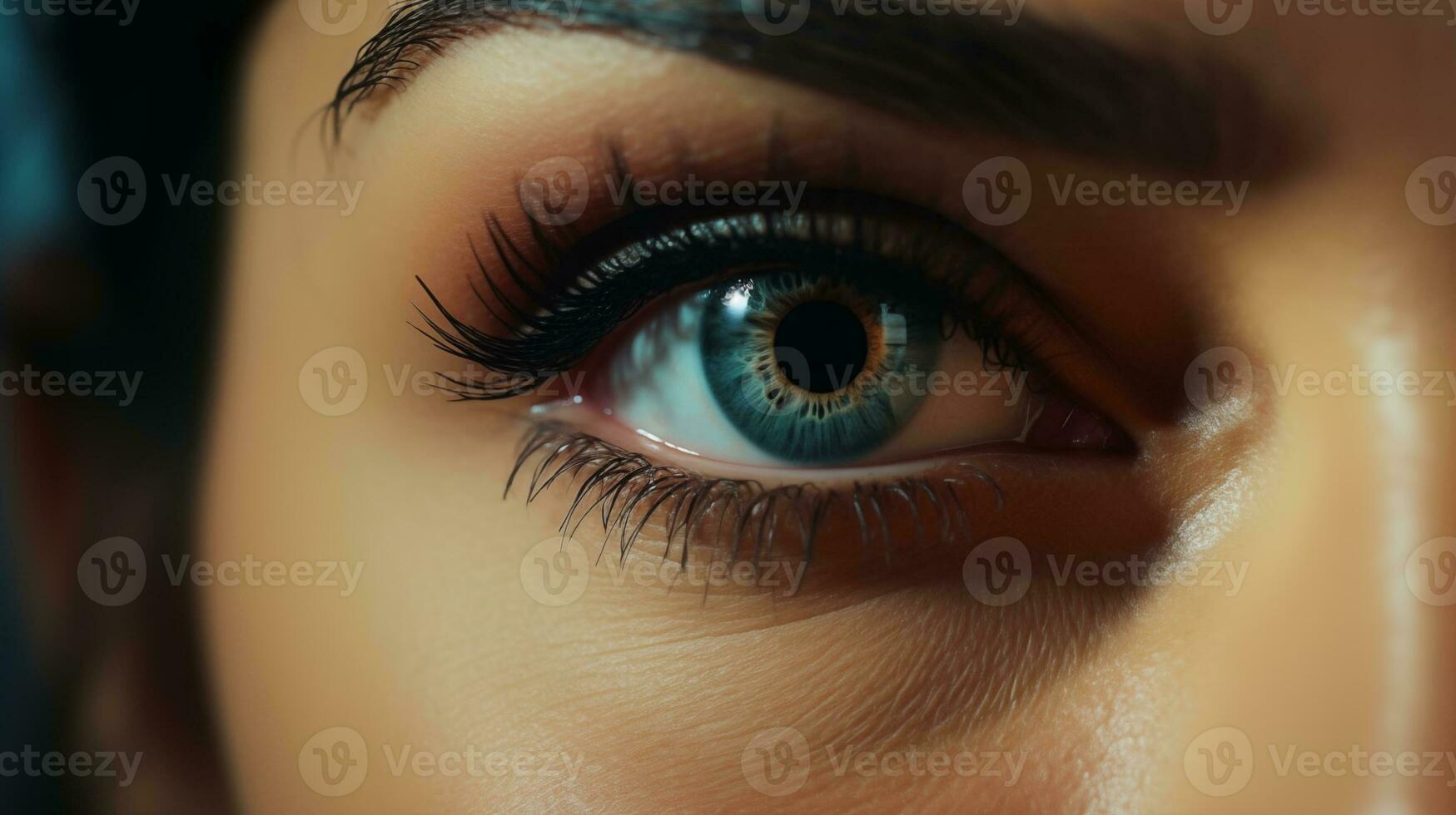 ai generado un cerca arriba de un mujer ojo con azul ojos foto