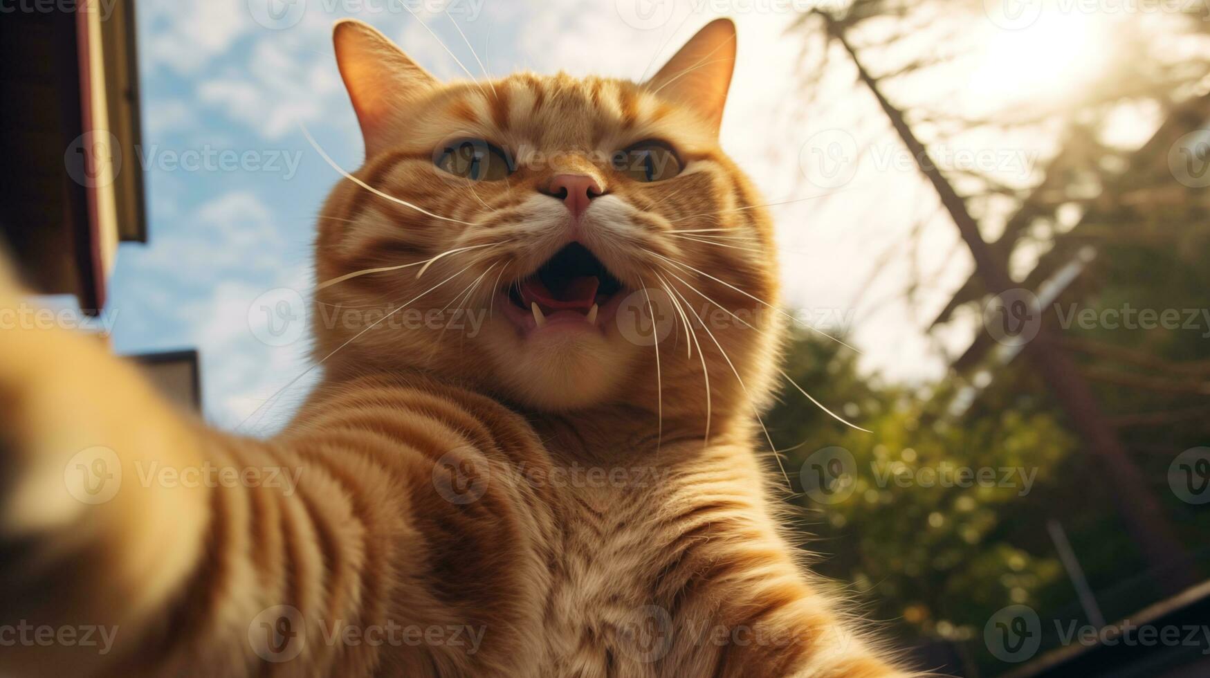 ai generado un gato es tomando un selfie con sus boca abierto foto