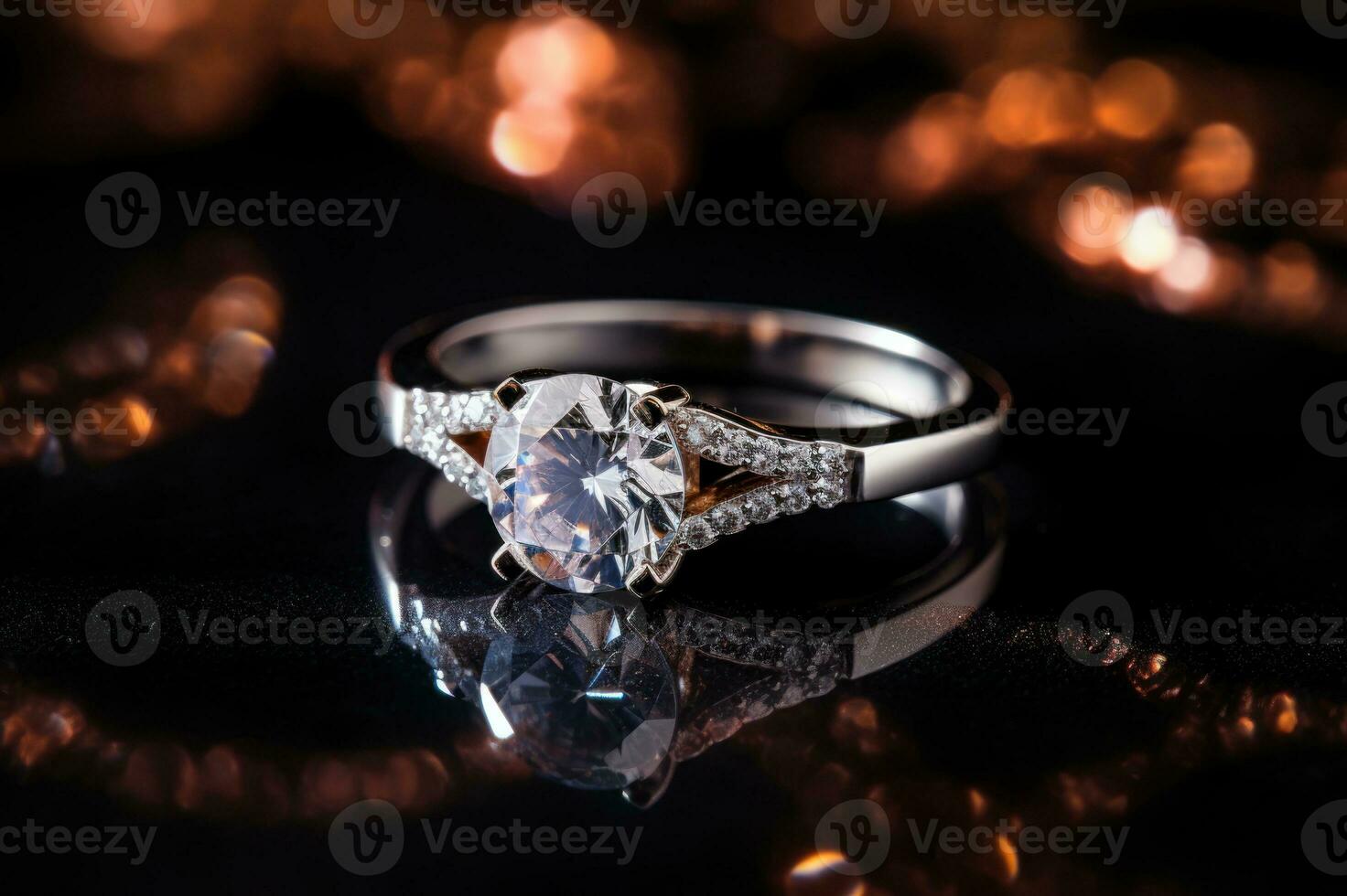 AI generated Sparkling diamond engagement ring with reflection on a black background with bokeh. Symbolizes love and devotion. Jewelry decoration. Cut diamond. Close up. Elegant wedding ring. photo