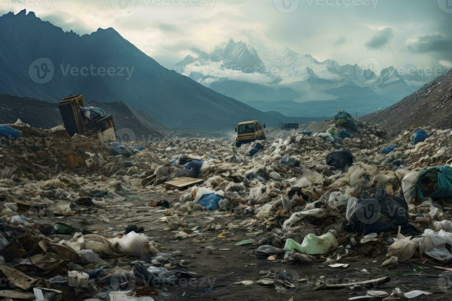 AI generated Large pile of garbage and discarded items under a stormy sky. A landfill with cans, bottles and other trash. Ideal for waste management, environmental or pollution-related content photo