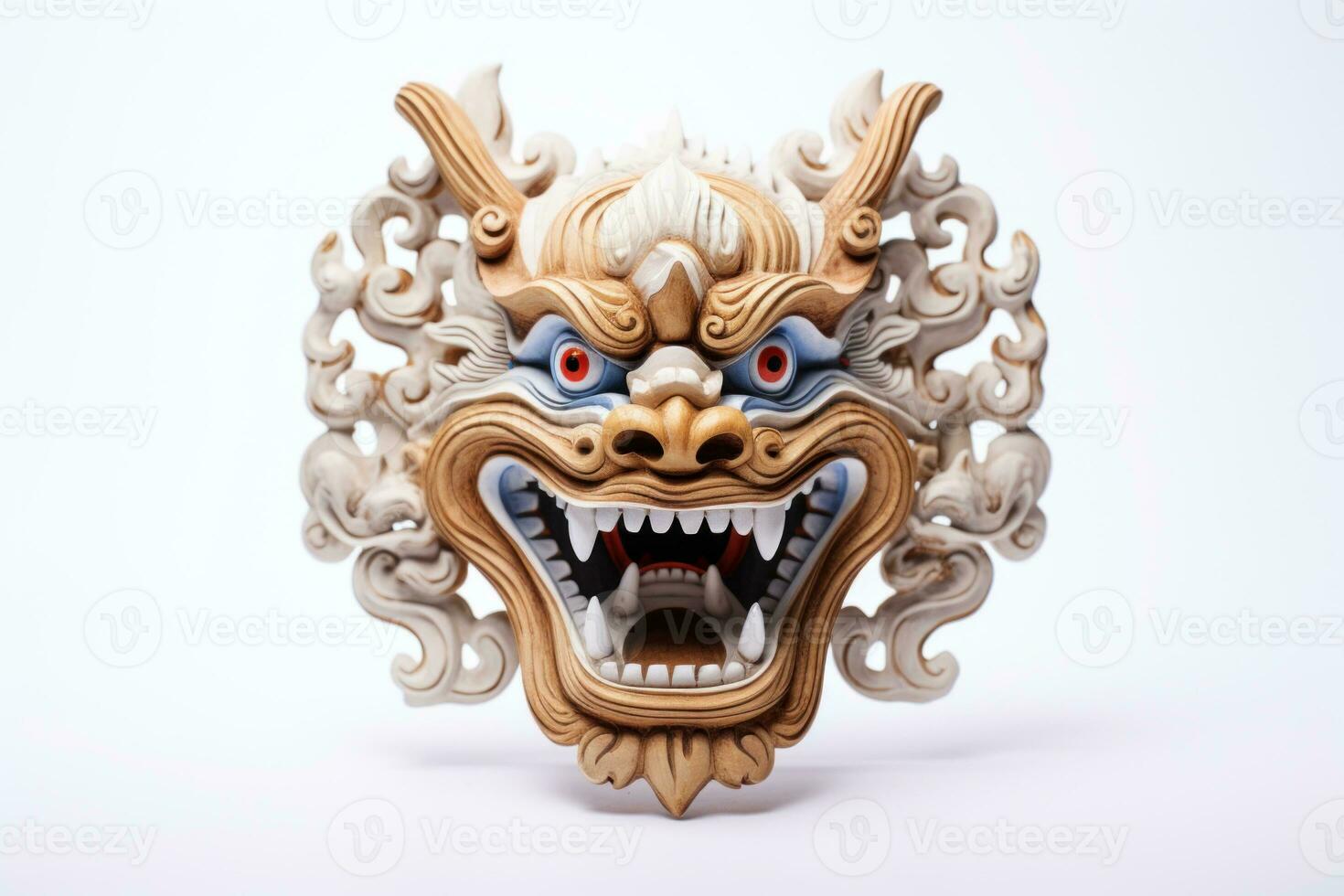 AI generated Carnival mask for the festival. Barong mask on white background. Traditional Balinese dance mask. Craftsmanship and cultural of Bali. Dragon Mask. Travel souvenir photo