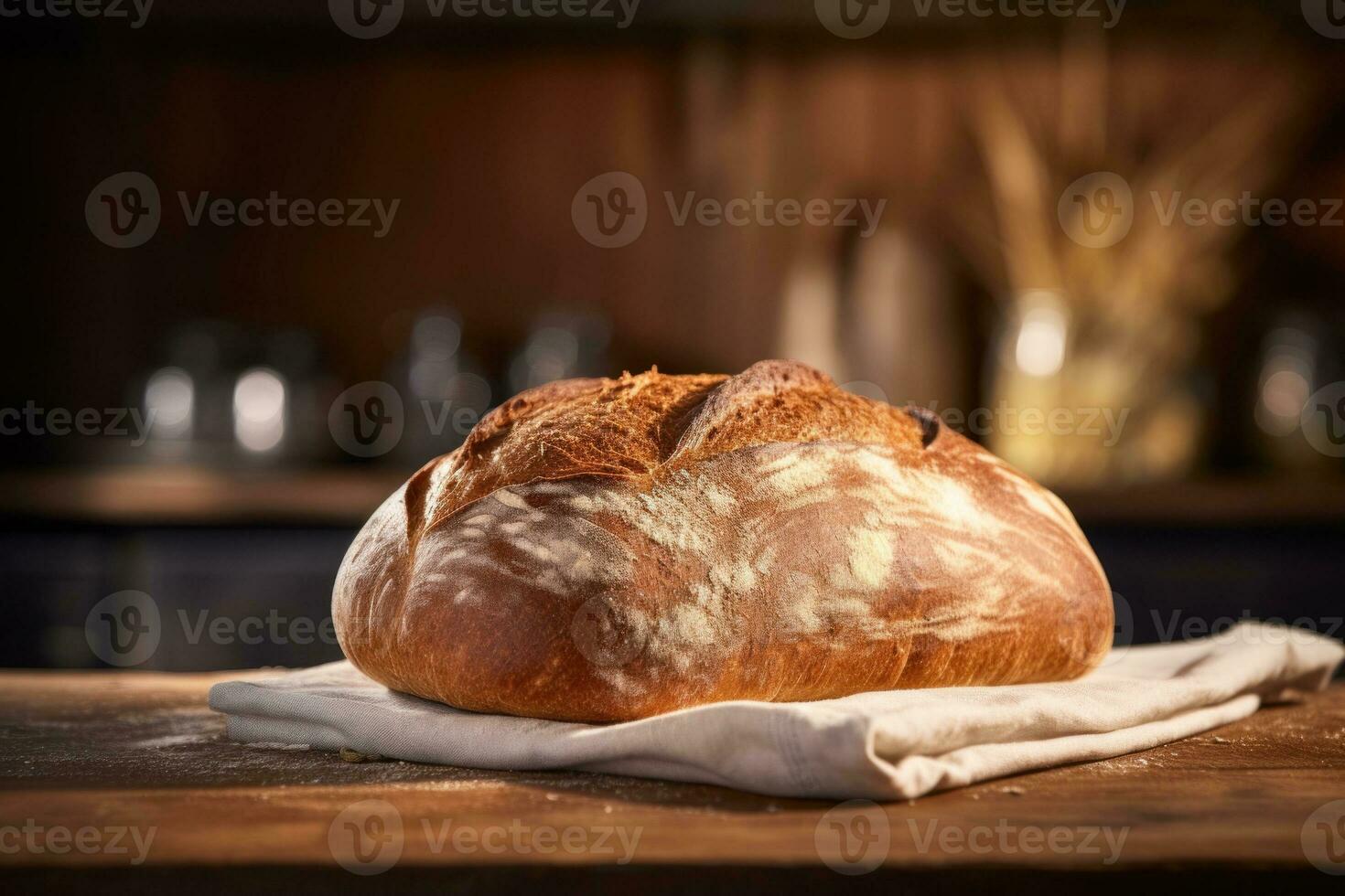 AI generated Bread on wooden table against backdrop of blurred kitchen. Freshly baked loaf of bread with crispy crust. Made from organic whole grain wheat flour. For bakery, food blog, recipe book photo