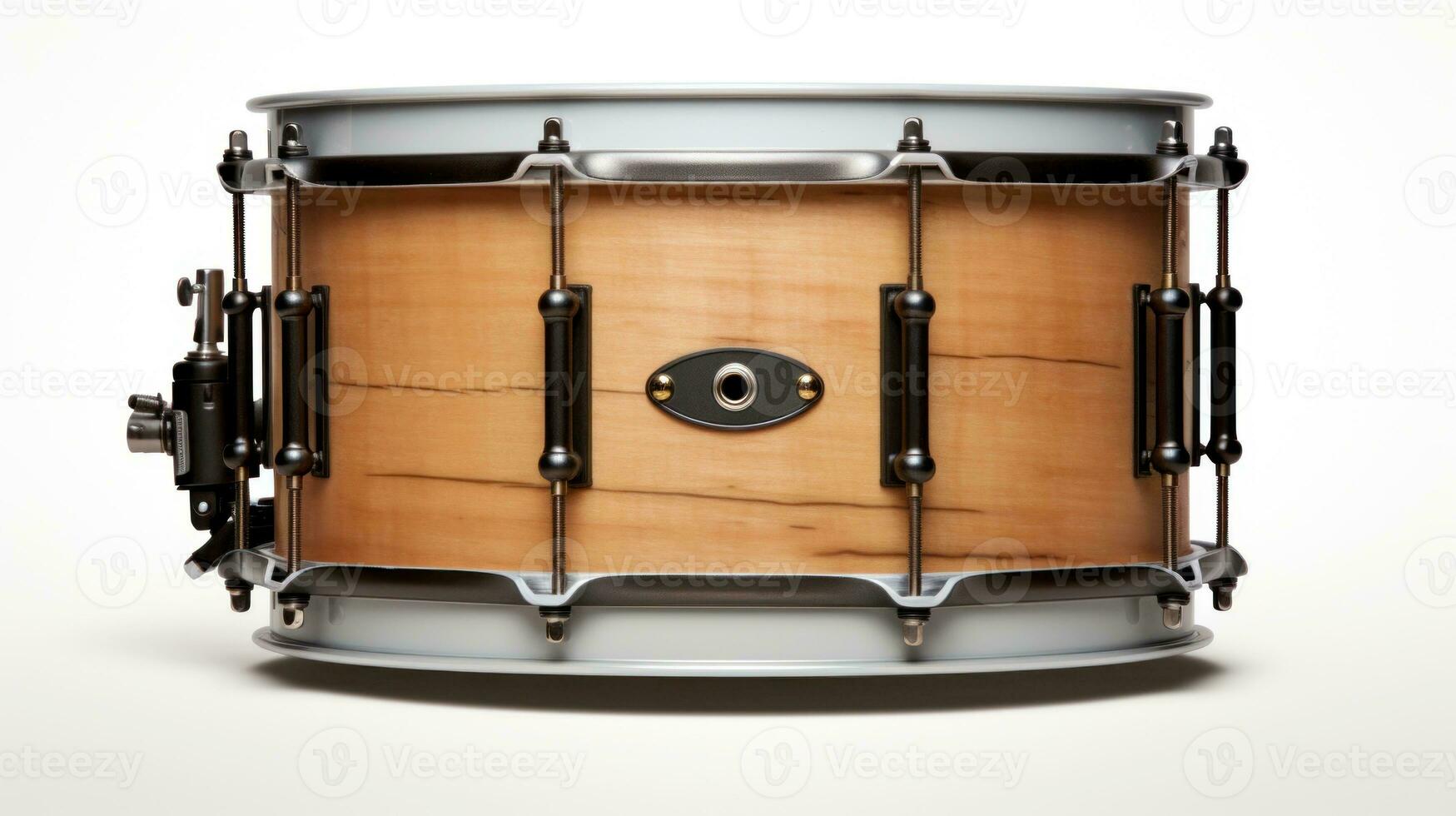 AI generated Close-up view of a wooden snare drum with metal hardware, ideal for use in music-themed designs. Isolated on a white background. photo