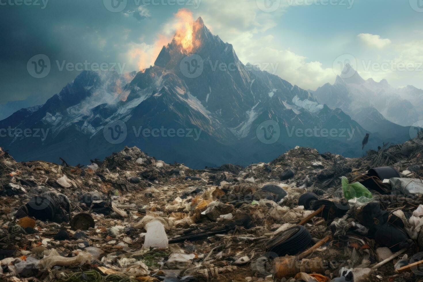 AI generated A large pile of garbage and discarded items under a stormy sky. A landfill with cans, bottles, and other trash. Ideal for waste management, environmental or pollution-related content photo